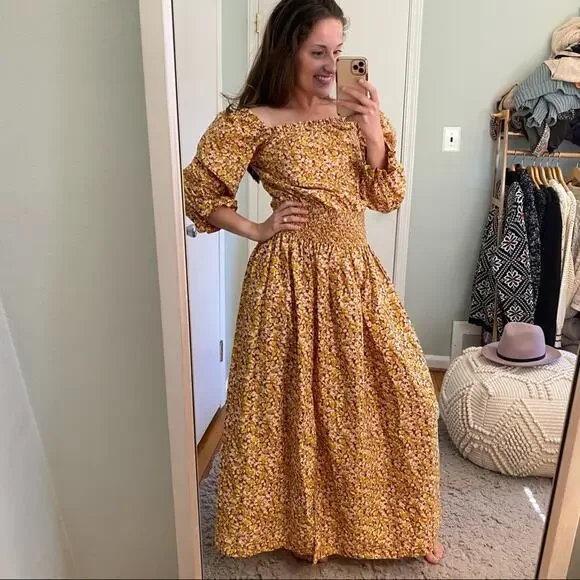 RIXO London Floral Dainty Ditsy Cottagecore Orange Maxi Dress Puff Sleeve M - Picture 15 of 16